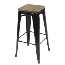 Wholesale cheap furniture black commercial industrial iron bar stool top with wood board bar chair